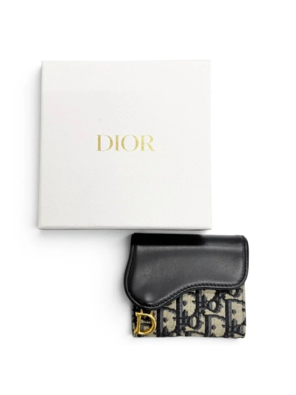 Dior Saddle Lotus Wallet Oblique Jacquard Leather Trifold Navy